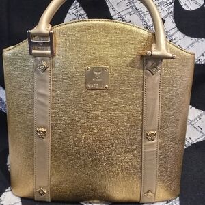 MCM Gold Metallic Leather Handbag